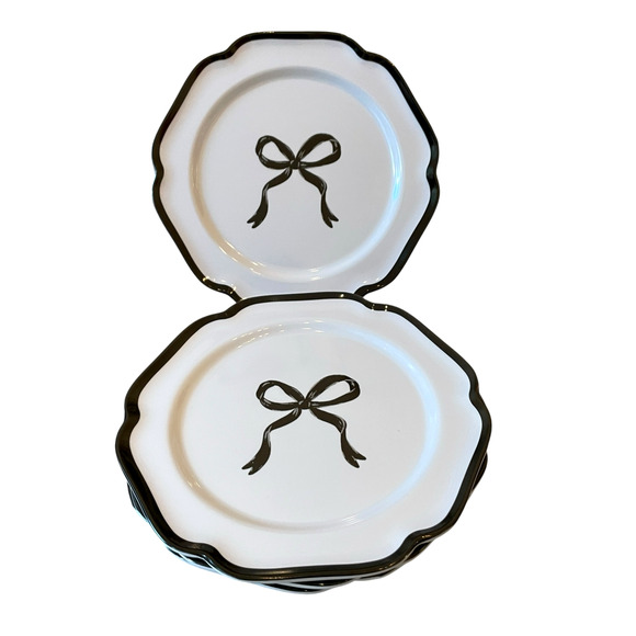 Shabby Chic Coquette BLACK Bow Melamine Dinner Plates 11in Set of 4 White New - Picture 14 of 15